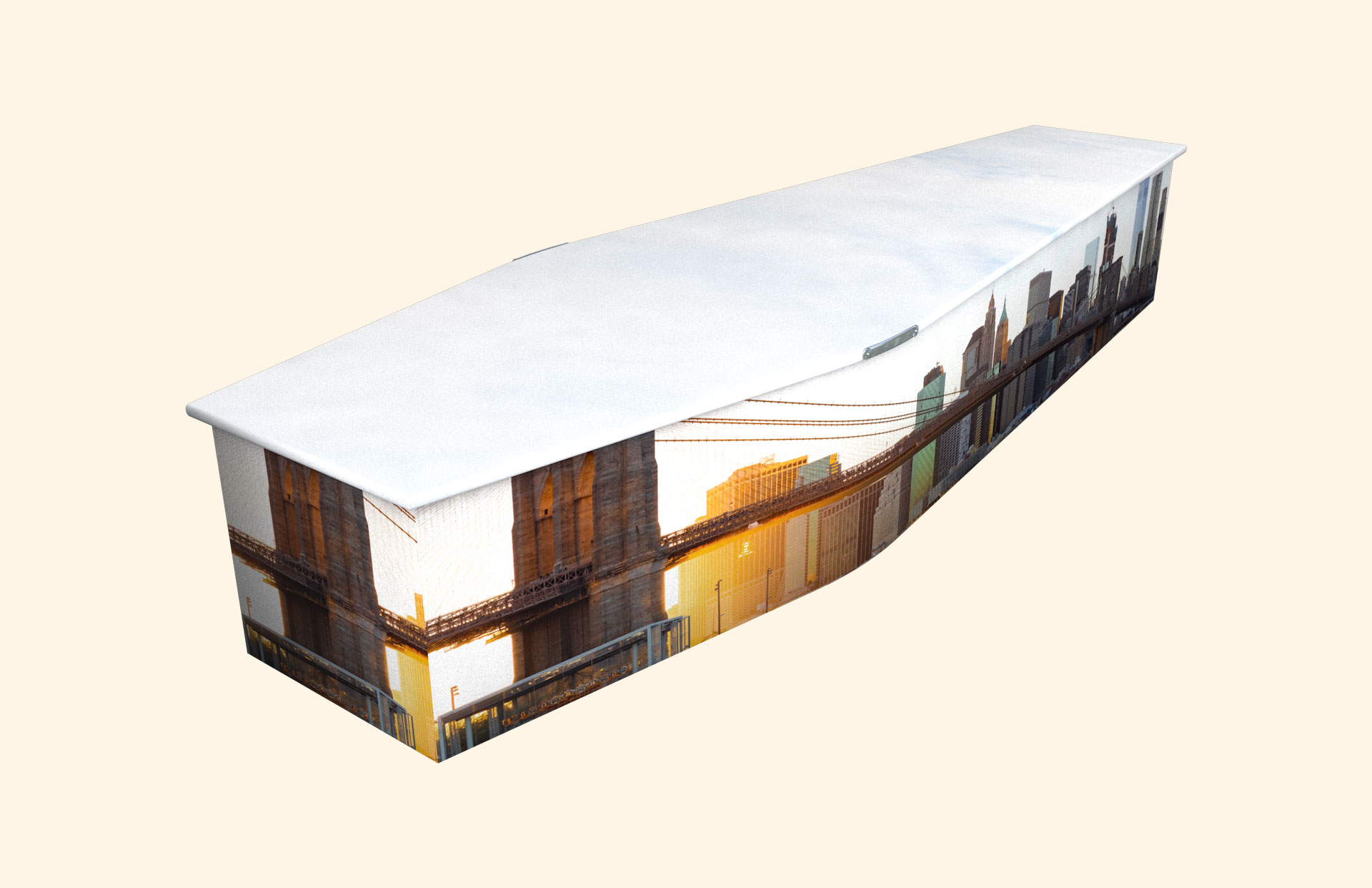 Brooklyn Bridge design on a traditional coffin